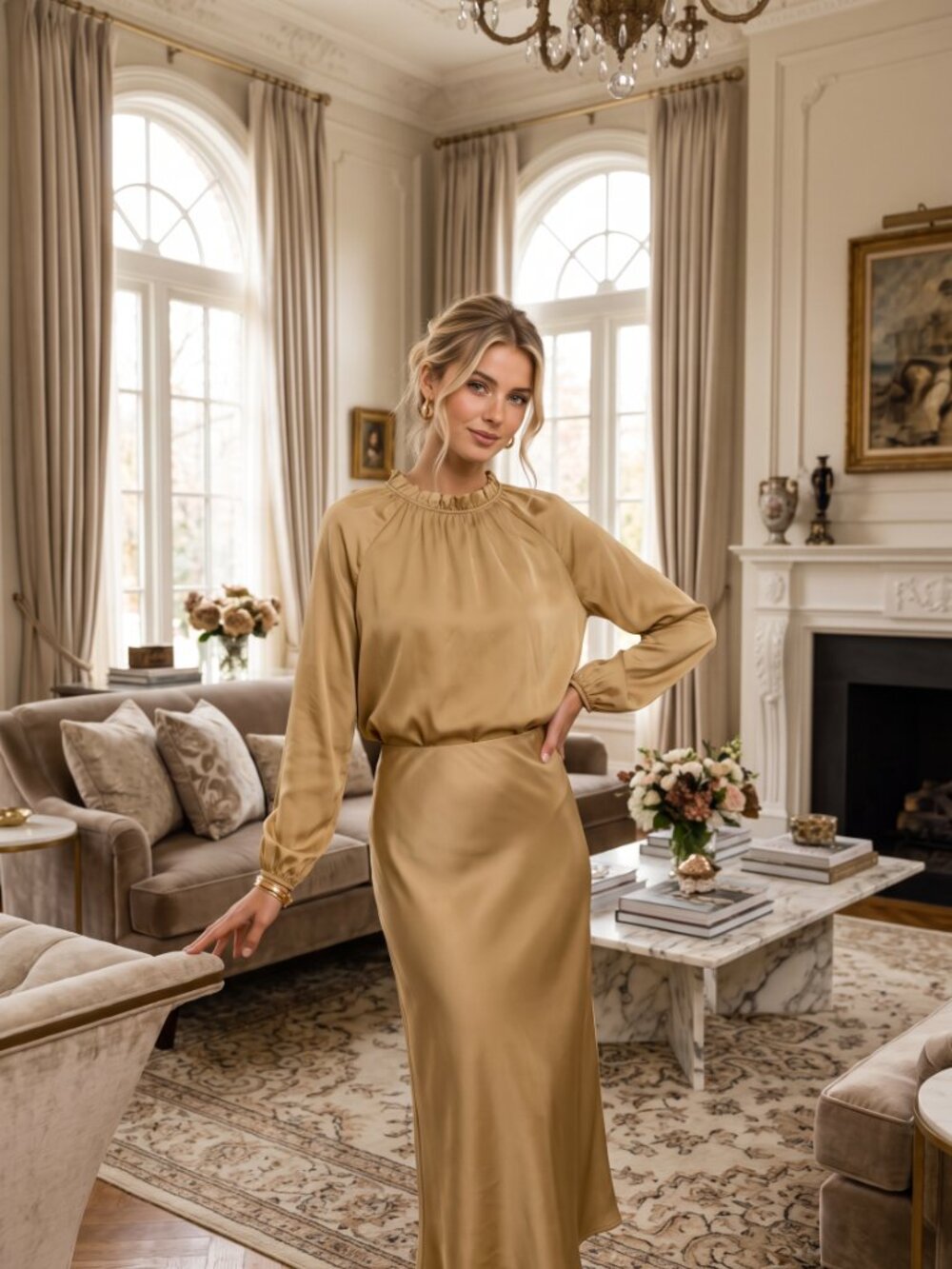 NWOT Renee C. USA Gold Satin 2-Piece Set Ruffle Blouse & Midi A-Line Skirt Large